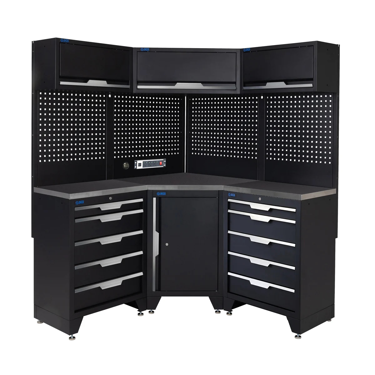 SGS 10pc Corner Garage Storage System | 10 Drawers | Stainless Steel Worktop | Corner Floor Cabinet | 3x Upper Cabinets | Pegboard with Power Strip